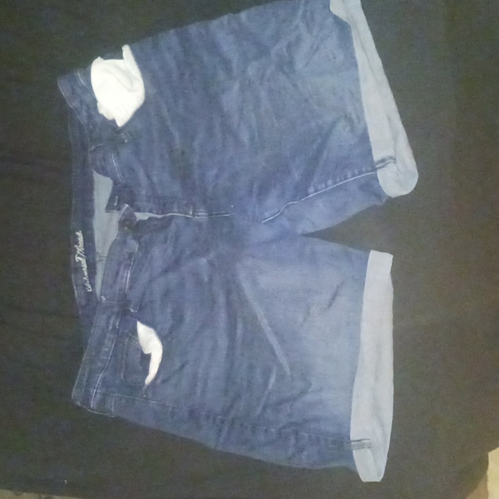 Shorts, blue, good stretch, folded ends, don't need a belt